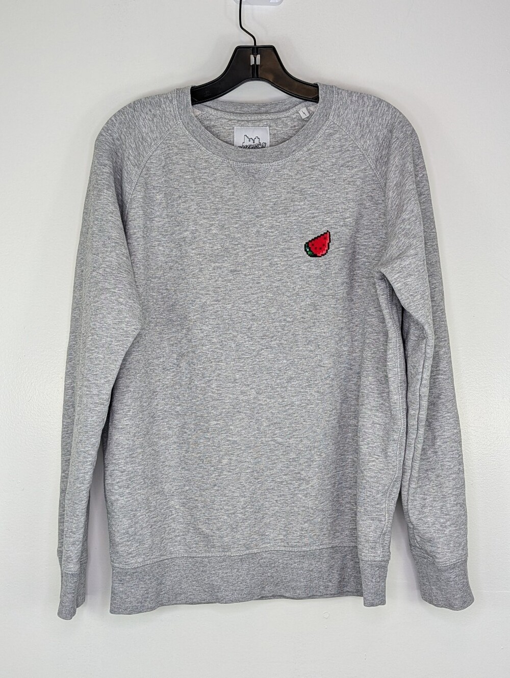 Bricktown Watermelon Embroidered Sweater Men Large Grey Heather Casual Crew Neck